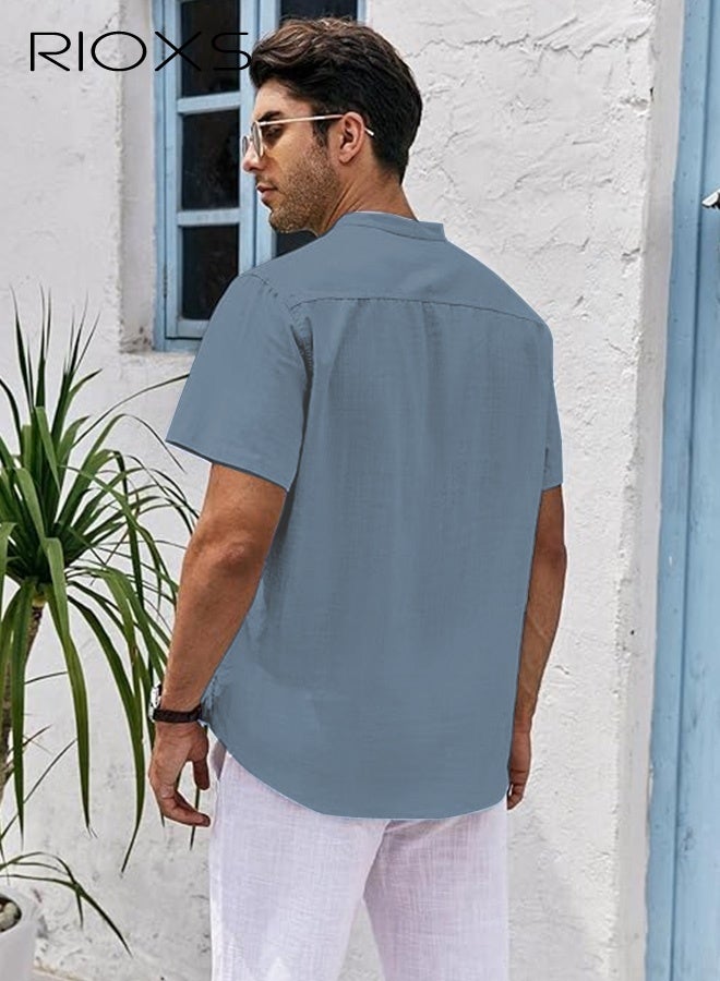 ريوكس قمصان رجالية بأكمام قصيرة، قمصان هنلي كاجوال فضفاضة بأزرار وياقة على شكل V، قمصان صيفية بلون موحد، قمصان رجالية كاجوال ومريحة وقابلة للتنفس، قمصان صيفية خالية من التجاعيد للمكتب أو للارتداء اليومي، زرقاء - Image 3