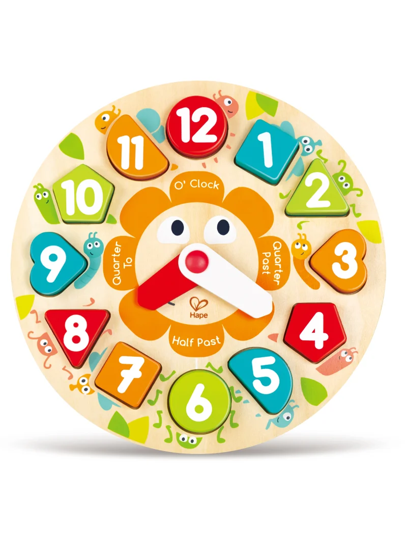 هيب Hape Chunky Clock 13-Piece Wooden Puzzle for Kids, Educational Learning Time Toy with Movable Clock Hands & Number Shape Sorting, Fine Motor & Maths Skills, Ages 3 Years+