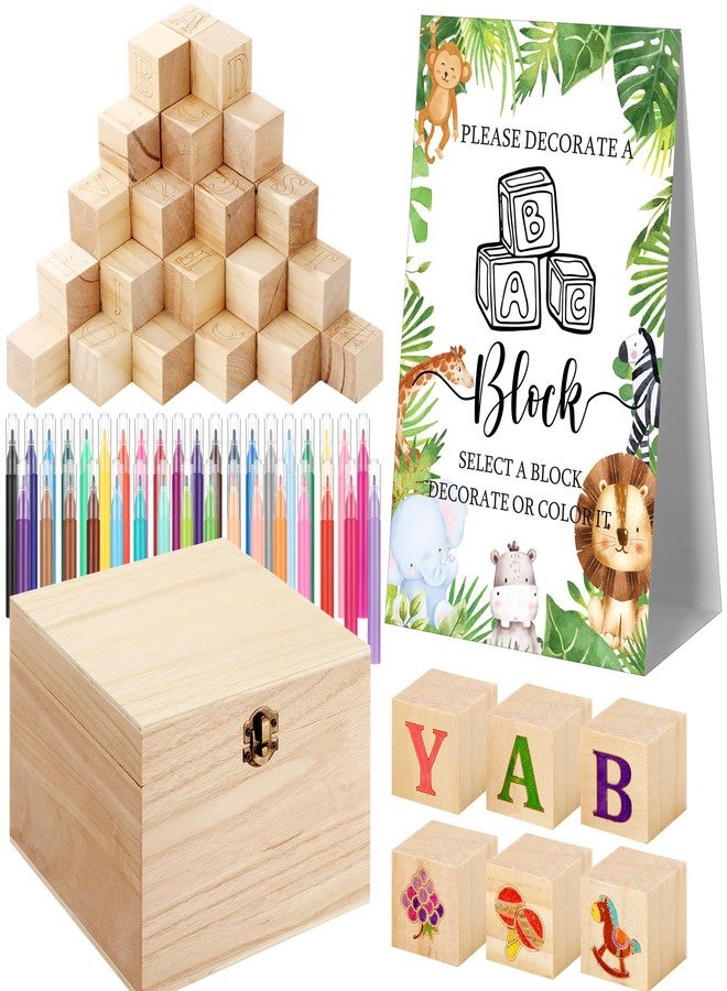 Marsui 136 Pcs Baby Shower Blocks to Decorate Game Kit Includes 98 Wooden Blocks, 36 Markers, 1 Game Sign, 1 Storage Box for Baby Shower Gender Reveal Activity Party Decorations(Animal) - Image 1