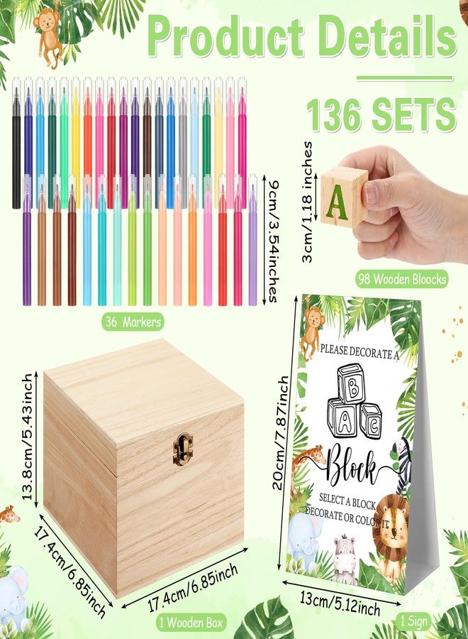 Marsui 136 Pcs Baby Shower Blocks to Decorate Game Kit Includes 98 Wooden Blocks, 36 Markers, 1 Game Sign, 1 Storage Box for Baby Shower Gender Reveal Activity Party Decorations(Animal) - Image 2