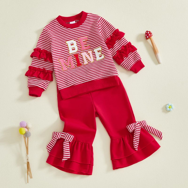 Mieeyali Toddler Girls Valentines Day Outfit Shirt Be Mine Heart Sweatshirt Gingham Bell Bottoms Top Flared Pants Set (Red Be Mine, 2-3T) - Image 4