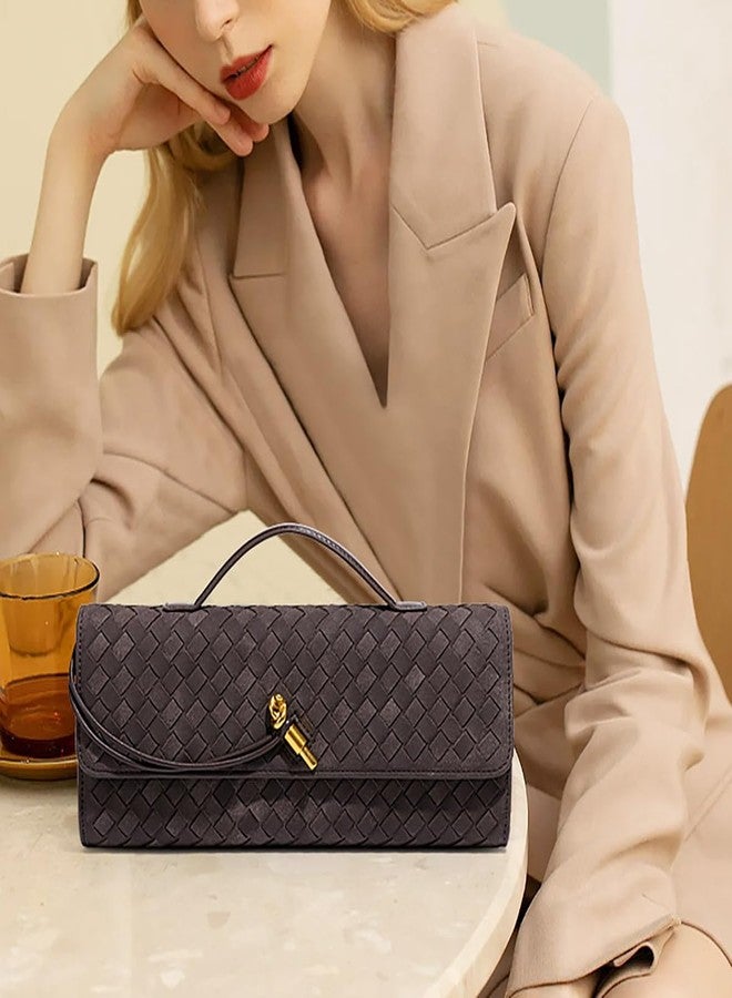 JYG Suede Woven Handbag for Women Trendy Evening Shoulder Bag Casual Clutch Purse Crossbody Satchel with Metal Buckle 2025, Dark Brown - Image 2