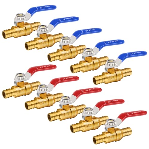 Horiznext pex valves 12 inch brass full port shut off valve kit with barb crimp rings for water pipes garden hose air line 5 red 5 blue - Image 1