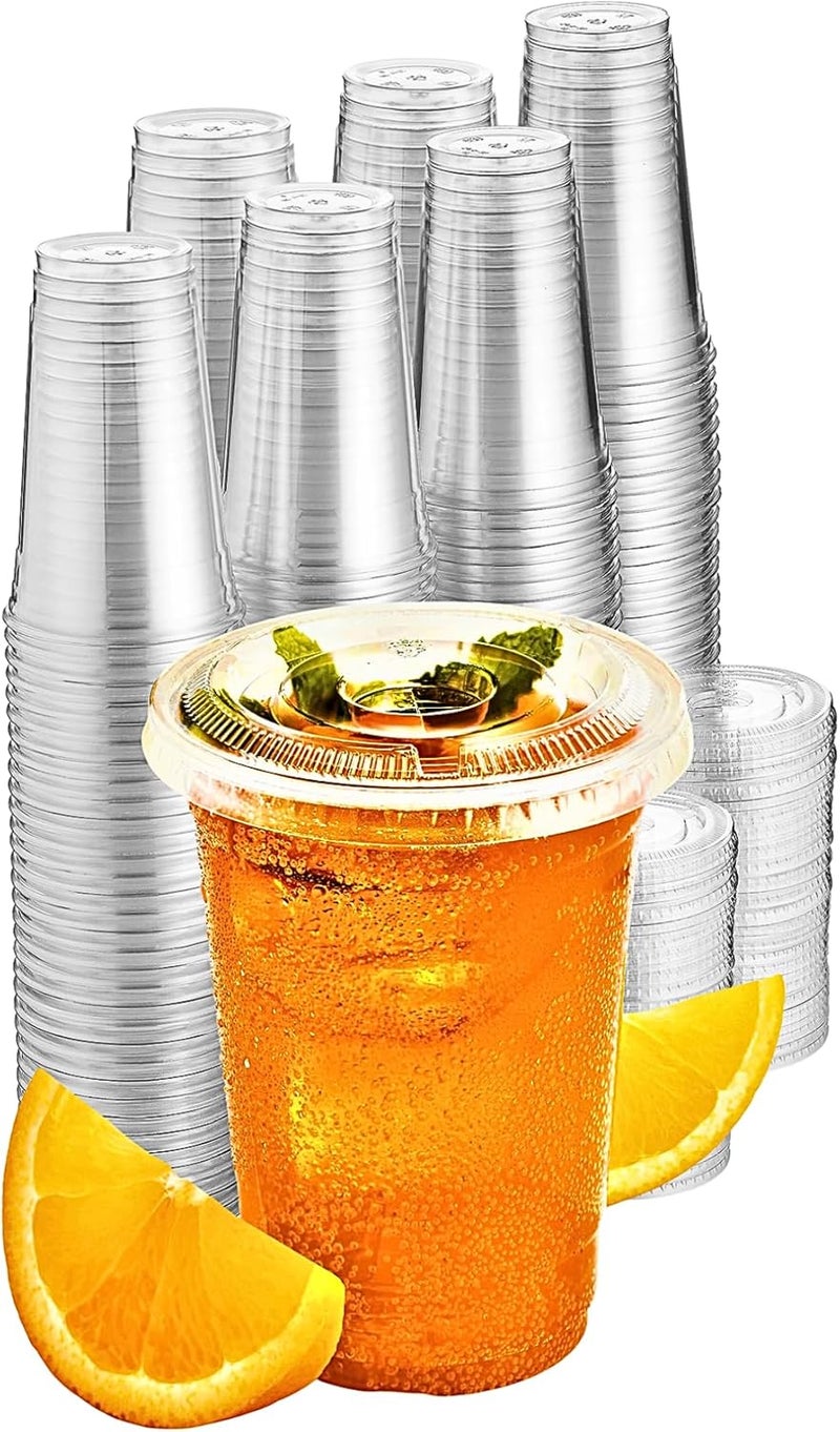 Green Direct Clear Cups With Lids / 16 oz. Clear Plastic Cups with Lids/Clear Disposable Cups/Ice coffee cups & Bubble Boba Tea Cups/Cup with Lid for Cold Drinking & Smoothie Pack of 100 - Image 1