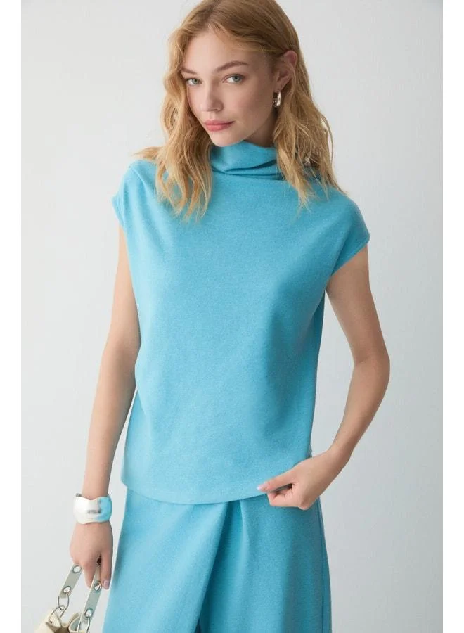 Ethiquet  ENVELOPE Women's Straight-Collared Draped Crisscross Wide-Leg Blue Top-and-Bottom Set. for Women | Best Price UAE