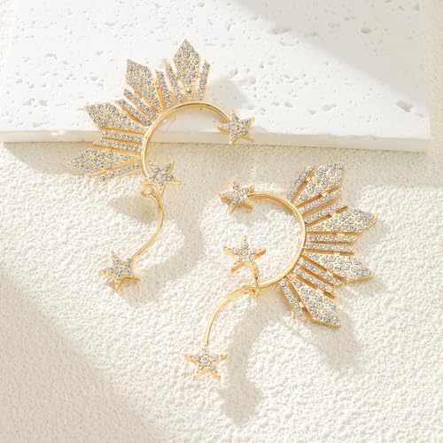 Zaycca Gold Rhinestone ELf Cuffs Star Statement Earrings for Women - Image 5