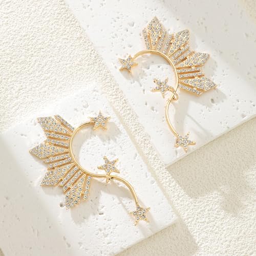 Zaycca Gold Rhinestone ELf Cuffs Star Statement Earrings for Women - Image 4