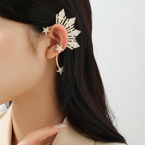 Zaycca Gold Rhinestone ELf Cuffs Star Statement Earrings for Women - Image 2