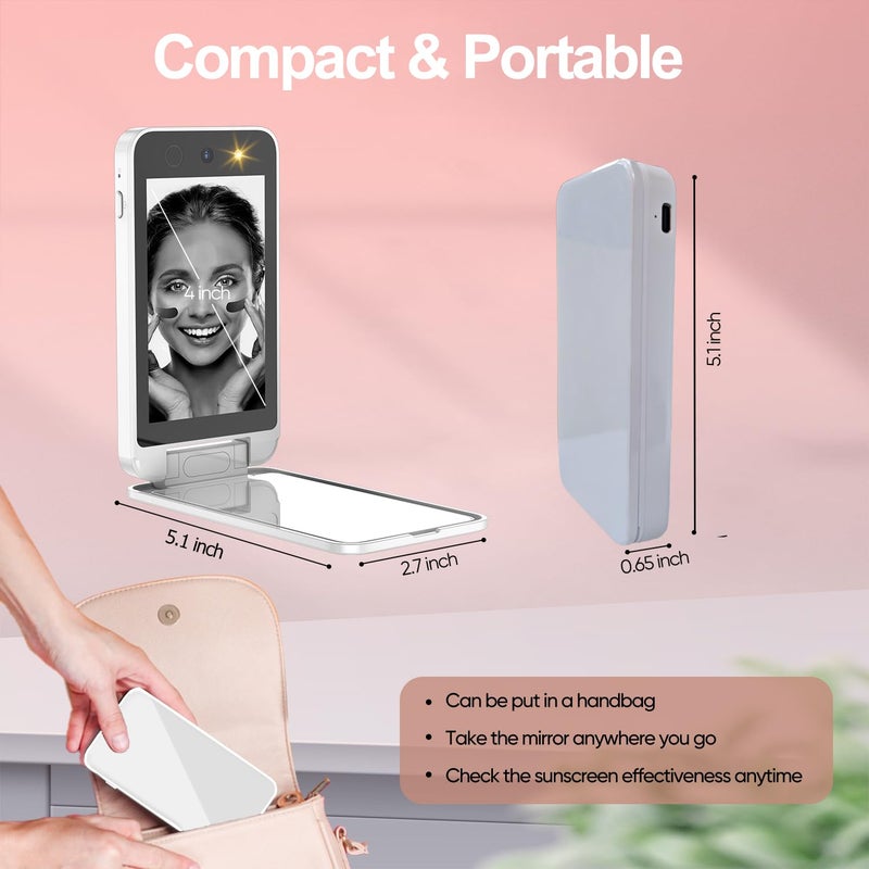 الأشعة فوق البنفسجية كاميرا لاختبار واقية من أشعة الشمس مرآة أشعة الشمس الكاميرا 4 بوصة مرآة الغرور مرآة قابلة للشحن مرآة ماكياج السفر المدمجة مرآة جيب مزدوج على الوجه لحماية الجلد (أبيض) - Image 5
