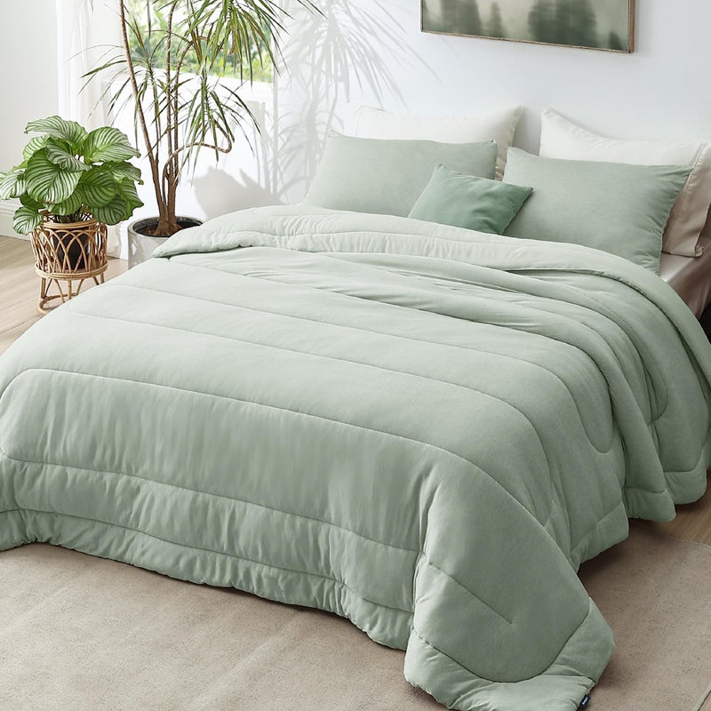 Bedsure Queen Comforter Set - Cooling and Warm Bed Set, Sage Green Reversible Bedding for All Season, 3 Pieces, 1 Queen Size Comforter (88"x88") and 2 Pillow Cases(20"x26") - Image 1