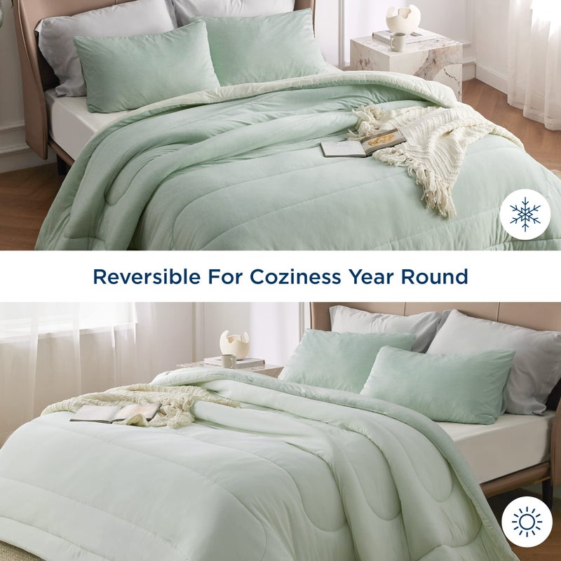 Bedsure Queen Comforter Set - Cooling and Warm Bed Set, Sage Green Reversible Bedding for All Season, 3 Pieces, 1 Queen Size Comforter (88"x88") and 2 Pillow Cases(20"x26") - Image 3