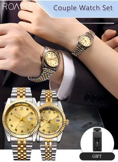 roaiss Stainless Steel Strap Couple Quartz Watch Set, Analog Display Round Dial with Rhinestones Decoration, Luxurious Luminous Waterproof Calendar Watch Gift for Men Women, Gold Silver  - Image 1