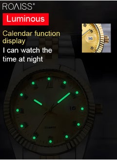 roaiss Stainless Steel Strap Couple Quartz Watch Set, Analog Display Round Dial with Rhinestones Decoration, Luxurious Luminous Waterproof Calendar Watch Gift for Men Women, Gold Silver  - Image 4