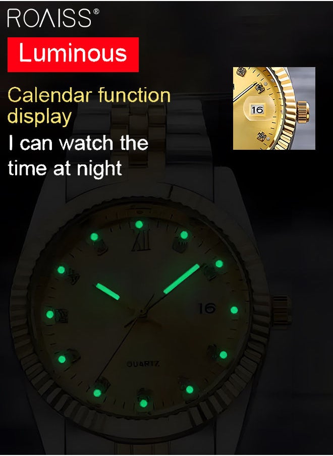 roaiss - Stainless Steel Strap Couple Quartz Watch Set, Analog Display Round Dial with Rhinestones Decoration, Luxurious Luminous Waterproof Calendar Watch Gift for Men Women, Gold Silver - Image 1