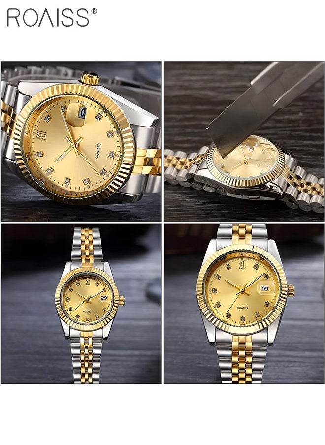 roaiss - Stainless Steel Strap Couple Quartz Watch Set, Analog Display Round Dial with Rhinestones Decoration, Luxurious Luminous Waterproof Calendar Watch Gift for Men Women, Gold Silver - Image 1