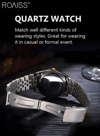 Stainless Steel Strap Couple Quartz Watch Set, Analog Display Round Dial with Rhinestones Decoration, Luxurious Luminous Waterproof Calendar Watch Gift for Men Women, Gold Silver - view 5