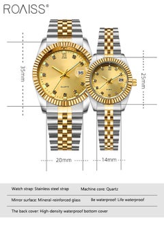 roaiss Stainless Steel Strap Couple Quartz Watch Set, Analog Display Round Dial with Rhinestones Decoration, Luxurious Luminous Waterproof Calendar Watch Gift for Men Women, Gold Silver  - Image 3