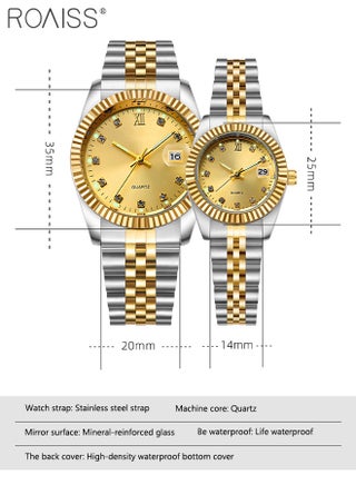 Stainless Steel Strap Couple Quartz Watch Set, Analog Display Round Dial with Rhinestones Decoration, Luxurious Luminous Waterproof Calendar Watch Gift for Men Women, Gold Silver - view 3