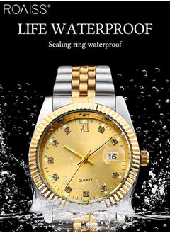 roaiss Stainless Steel Strap Couple Quartz Watch Set, Analog Display Round Dial with Rhinestones Decoration, Luxurious Luminous Waterproof Calendar Watch Gift for Men Women, Gold Silver  - Image 2