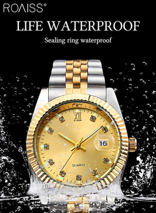 Stainless Steel Strap Couple Quartz Watch Set, Analog Display Round Dial with Rhinestones Decoration, Luxurious Luminous Waterproof Calendar Watch Gift for Men Women, Gold Silver - view 2