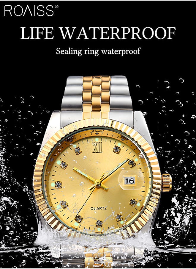 roaiss - Stainless Steel Strap Couple Quartz Watch Set, Analog Display Round Dial with Rhinestones Decoration, Luxurious Luminous Waterproof Calendar Watch Gift for Men Women, Gold Silver - Image 1