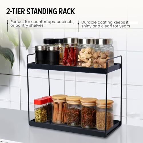 Niyara Iron Metal Heavy Duty Stand 2-Tier multistorage/Multipurpose Standing Rack, Bathroom Countertop Storage Shelf Cosmetic Organizer Holder Kitchen Spice Rack, (Square Black) - Image 2