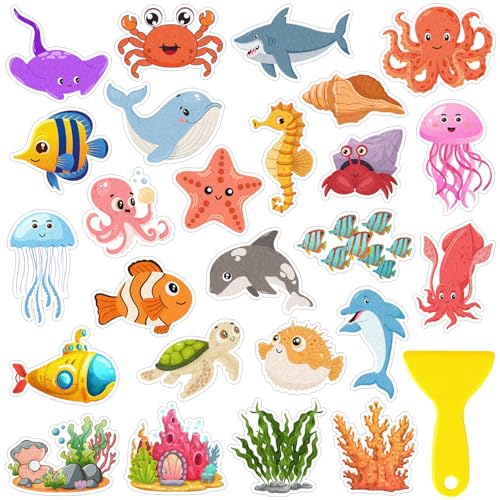 LSLYHTC 26Pcs Non Slip Bathtub Stickers, Cute Ocean Creature Stickers with Scraper, Anti Slip Bath Tub Shower Decal with Adhesive Back for Bathroom, Shower Stairs - Image 1
