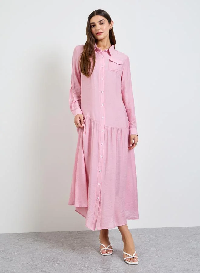 تايك تو Pink Plain Long Sleeve Shirt Maxi Dress