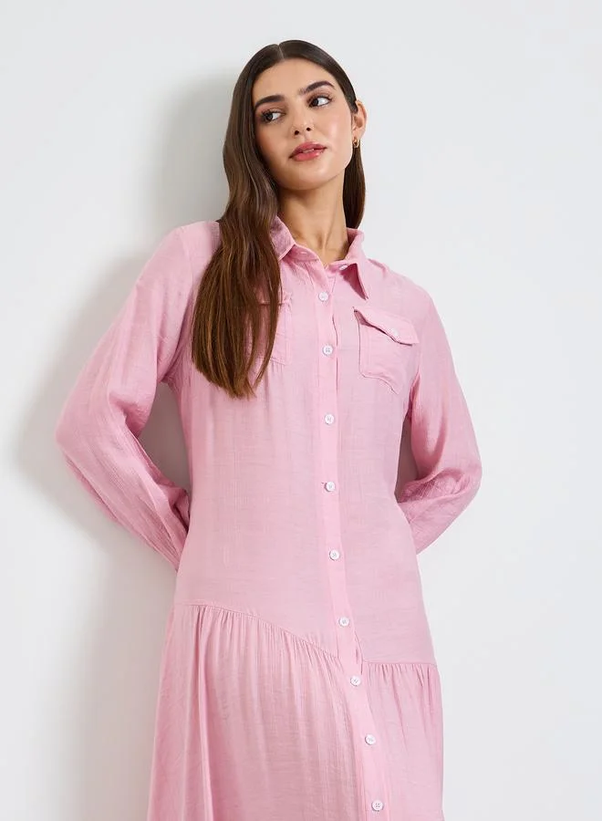 تايك تو Pink Plain Long Sleeve Shirt Maxi Dress