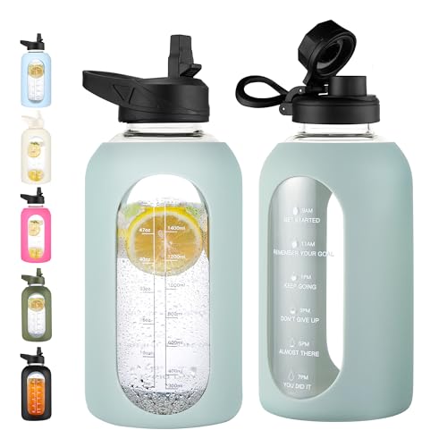 CIVAGO 64 oz Glass Water Bottle Jug with Straw and Handle Half Gallon Sports Motivational Bottle with Time Marker and 2 Lids Flask Canteen with Silicone Sleeve for Gym Sage