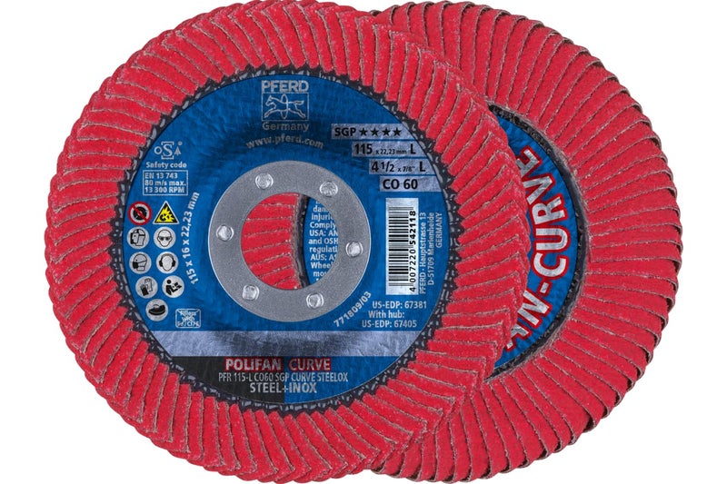 PFERD POLIFAN®- Curve Radial Type Flap Disc - 4-1/2" x 7/8", 60 Grit Zirconia, White, Compatible with Angle Grinder - for Steel and Stainless Steel (INOX) Grinding - Pack of 1 - Part 67381 - Image 2
