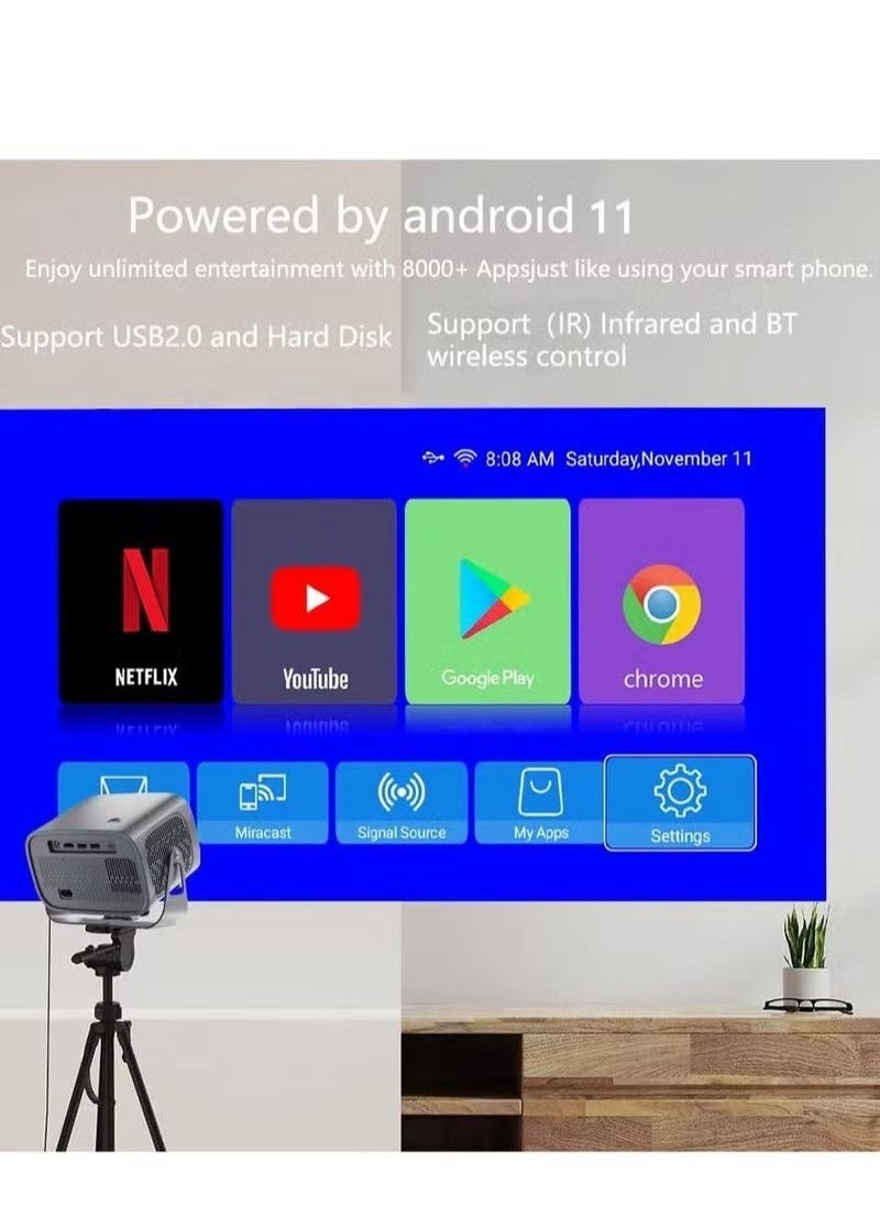 Gulf Trend بروجكتور LED ذكي 4K بنظام Android مع BT 5.2 وWiFi 5G، تركيز كهربائي، دوران 360°، عكس شاشة الهاتف لاسلكياً، مدمج ومحمول، مثالي للسينما المنزلية، الأفلام الخارجية والعروض التقديمية - Image 4