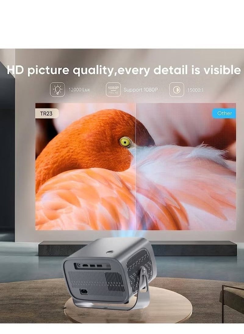 Gulf Trend بروجكتور LED ذكي 4K بنظام Android مع BT 5.2 وWiFi 5G، تركيز كهربائي، دوران 360°، عكس شاشة الهاتف لاسلكياً، مدمج ومحمول، مثالي للسينما المنزلية، الأفلام الخارجية والعروض التقديمية - Image 2