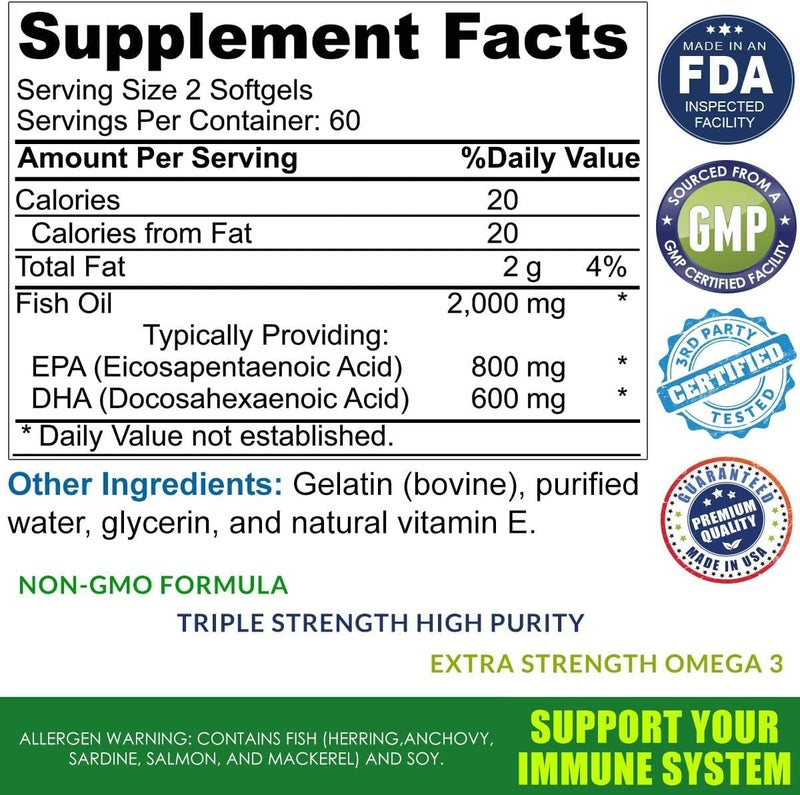 Total Activation Omega 3 Burpless Max Strength Fish Oil Supplement Dr Formula 2000 mg with Vitamin E 800 mg EPA 600 mg DHA Ultimate Brain Hair Support Men  Women NonGMO 120 Small Liquid Rapid Release Softgels - Image 3