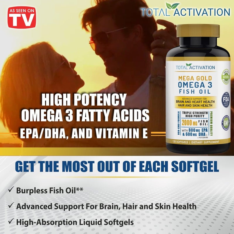 Total Activation Omega 3 Burpless Max Strength Fish Oil Supplement Dr Formula 2000 mg with Vitamin E 800 mg EPA 600 mg DHA Ultimate Brain Hair Support Men  Women NonGMO 120 Small Liquid Rapid Release Softgels - Image 4
