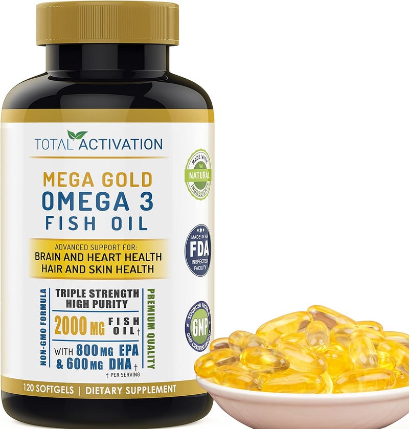Total Activation Omega 3 Burpless Max Strength Fish Oil Supplement Dr Formula 2000 mg with Vitamin E 800 mg EPA 600 mg DHA Ultimate Brain Hair Support Men  Women NonGMO 120 Small Liquid Rapid Release Softgels - Image 1
