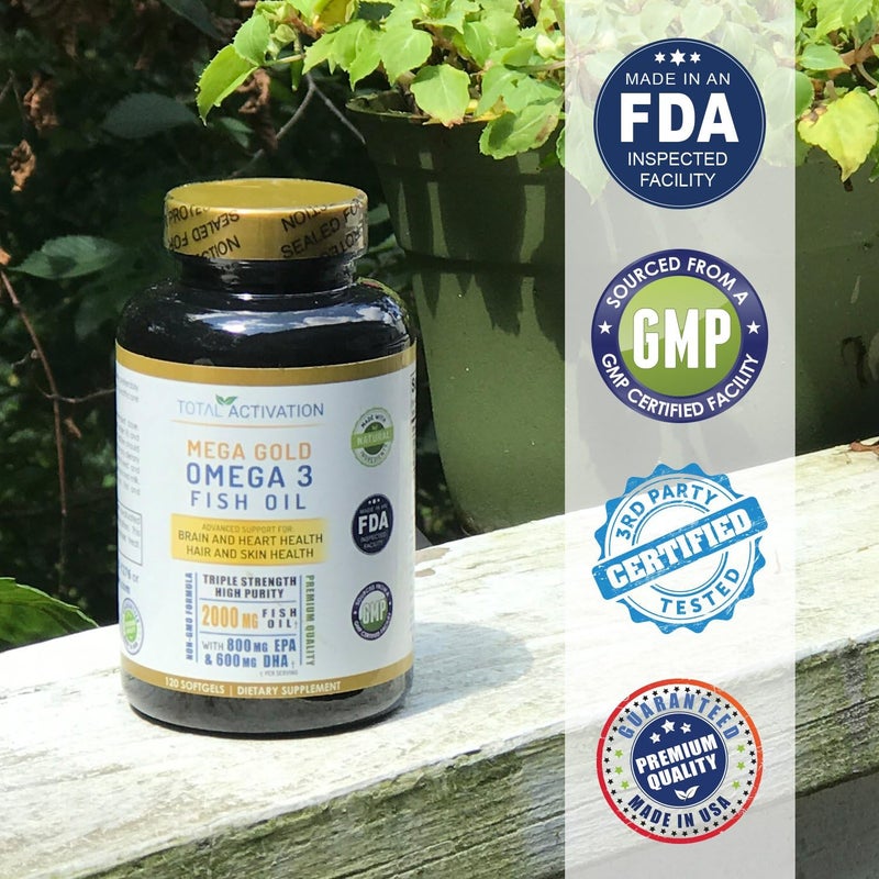 Total Activation Omega 3 Burpless Max Strength Fish Oil Supplement Dr Formula 2000 mg with Vitamin E 800 mg EPA 600 mg DHA Ultimate Brain Hair Support Men  Women NonGMO 120 Small Liquid Rapid Release Softgels - Image 5