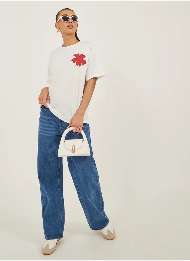 Styli Floral Embroidered Oversized Longline T-Shirt
