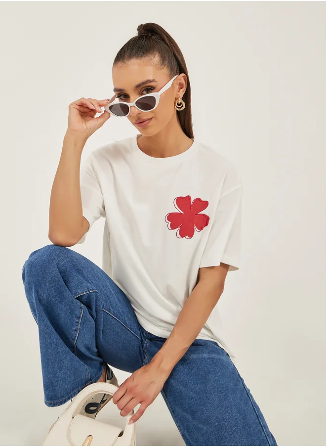 Styli Floral Embroidered Oversized Longline T-Shirt