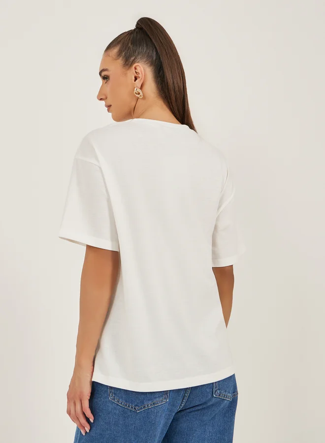 Styli Floral Embroidered Oversized Longline T-Shirt