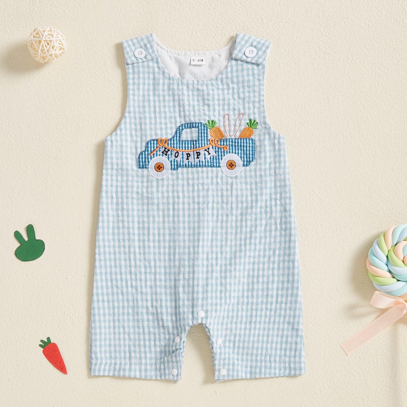 Thilsidee Infant Baby Boy Girl Easter Rabbit Jumpsuit Sleeveless Straps Romper Bib Pants One Piece Overalls Plaid Outfit (A-Blue, 3-6 Months) - Image 2