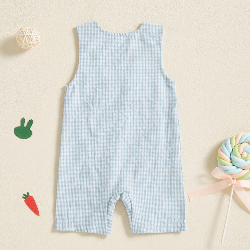 Thilsidee Infant Baby Boy Girl Easter Rabbit Jumpsuit Sleeveless Straps Romper Bib Pants One Piece Overalls Plaid Outfit (A-Blue, 3-6 Months) - Image 3