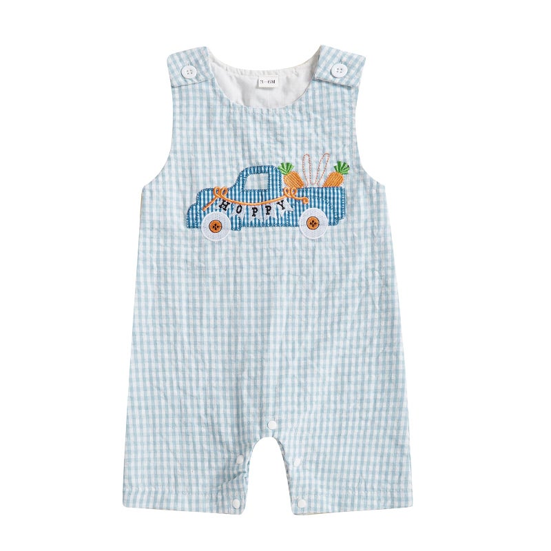 Thilsidee Infant Baby Boy Girl Easter Rabbit Jumpsuit Sleeveless Straps Romper Bib Pants One Piece Overalls Plaid Outfit (A-Blue, 3-6 Months) - Image 1