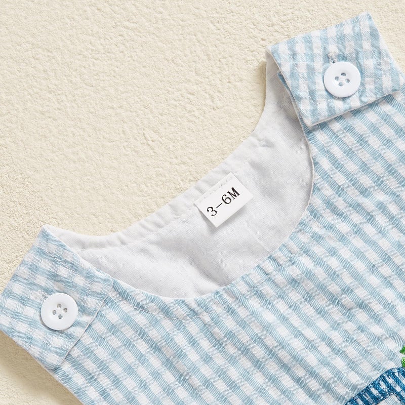 Thilsidee Infant Baby Boy Girl Easter Rabbit Jumpsuit Sleeveless Straps Romper Bib Pants One Piece Overalls Plaid Outfit (A-Blue, 3-6 Months) - Image 4