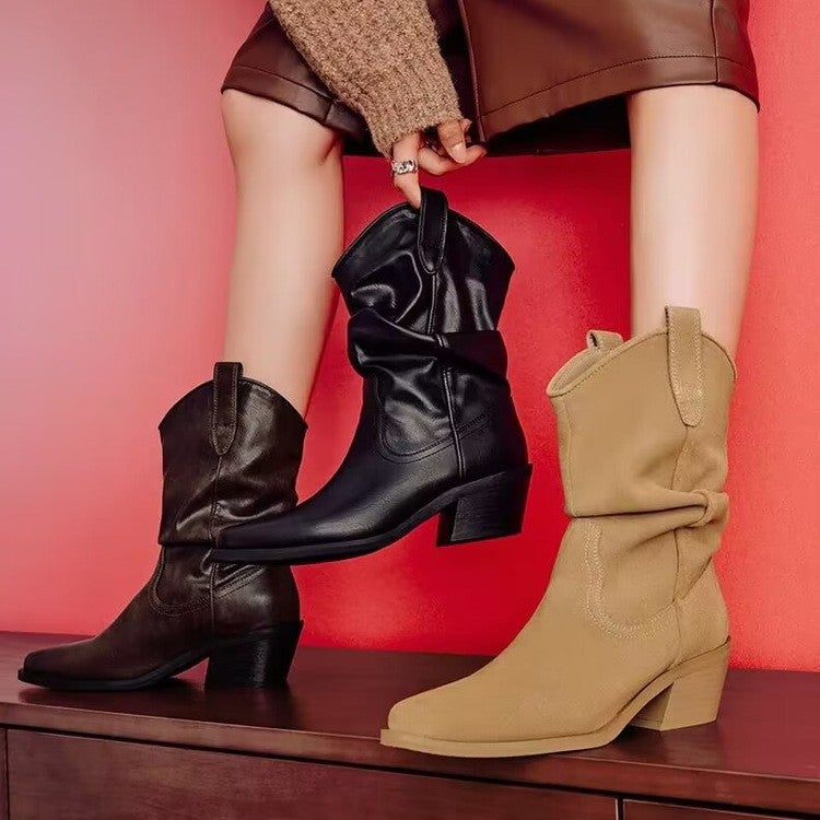 Retro Pointed Toe Mid-Calf Knight Boots 2025 Western Cowboy Boots Slimming Look Pile Boots For Women With Thick Heels - Image 2