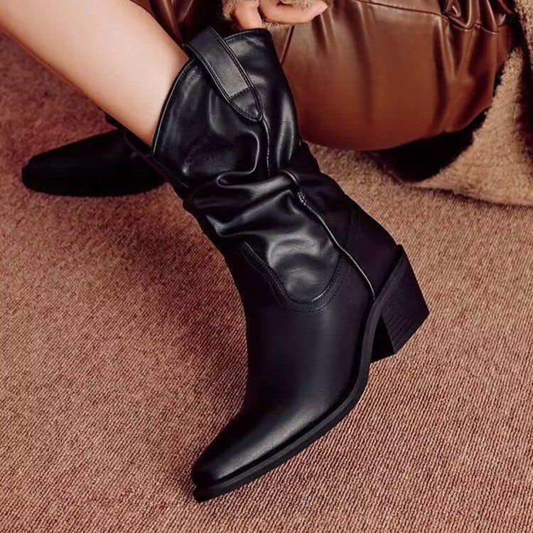 Retro Pointed Toe Mid-Calf Knight Boots 2025 Western Cowboy Boots Slimming Look Pile Boots For Women With Thick Heels - Image 5