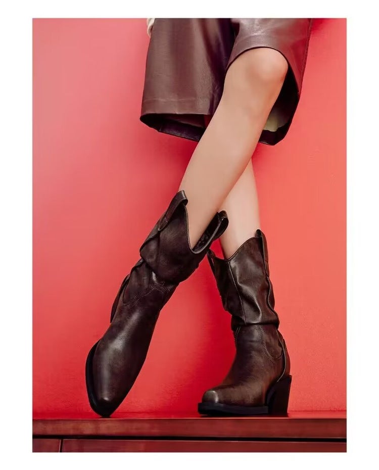 Retro Pointed Toe Mid-Calf Knight Boots 2025 Western Cowboy Boots Slimming Look Pile Boots For Women With Thick Heels - Image 1