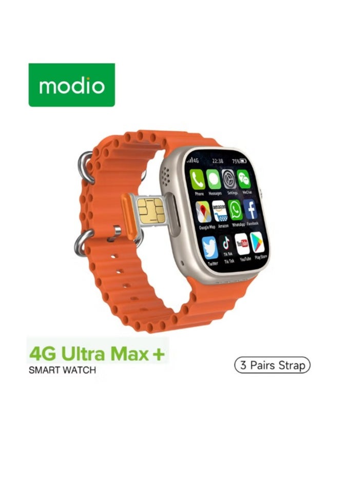 modio - 4G Ultra Max Plus Smart Watch With 2.2 Inch HD Screen Sim Card Slot and 3 Pair Straps (Silver) - Image 1