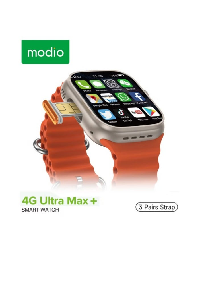 modio - 4G Ultra Max Plus Smart Watch With 2.2 Inch HD Screen Sim Card Slot and 3 Pair Straps (Silver) - Image 1