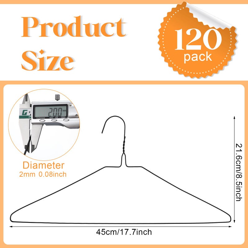 Yuntau 120 Pcs Wire Hangers Bulk 17.7" Dry Cleaner Hangers, Suit Holders for Home Caped Clothing (Black) - Image 2